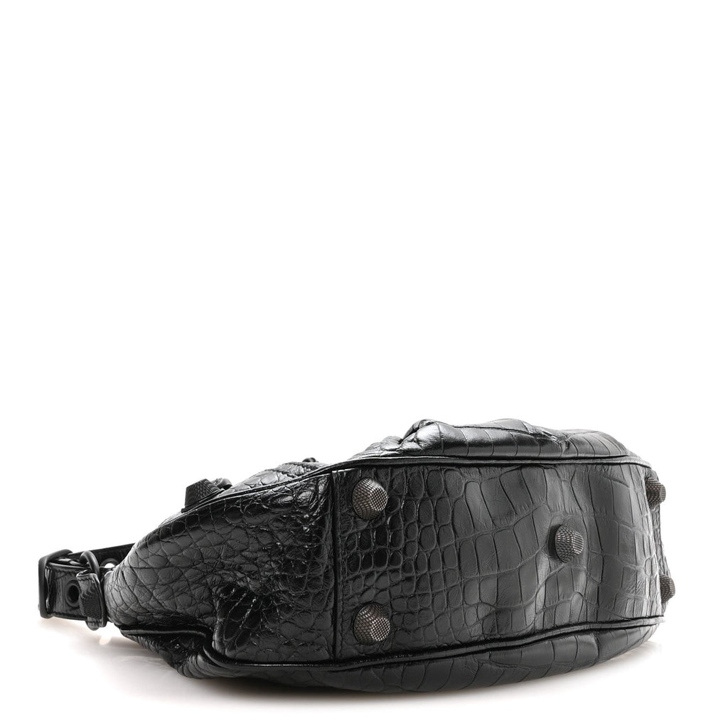 Extra Supple Calfskin Crocodile Embossed Monochrome Small Le Cagole Shoulder Bag Black