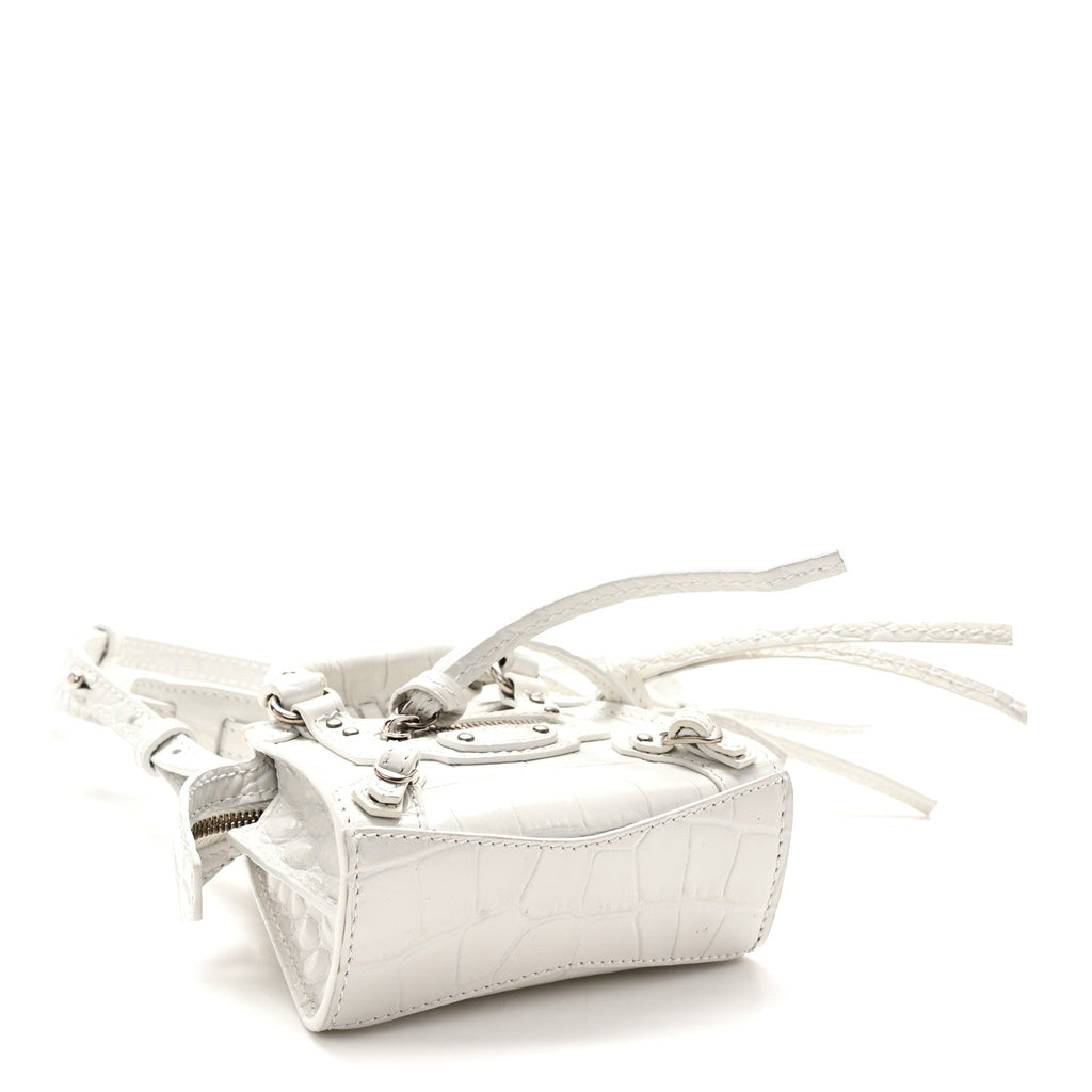 Extra Supple Calfskin Crocodile Embossed Neo Classic Silver Hardware Super Nano City Crossbody  White