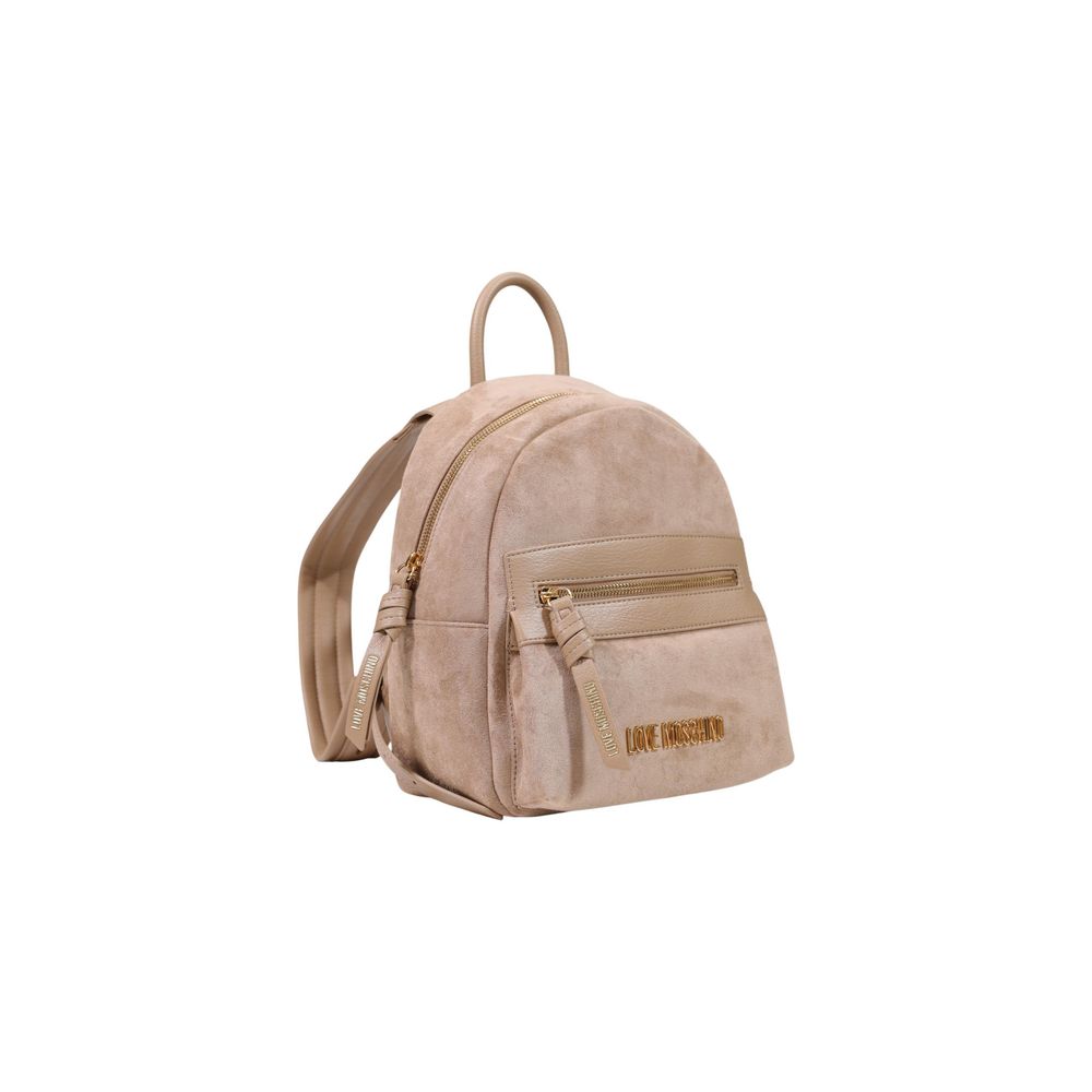 Suede‑Effect Beige Polyester Backpack