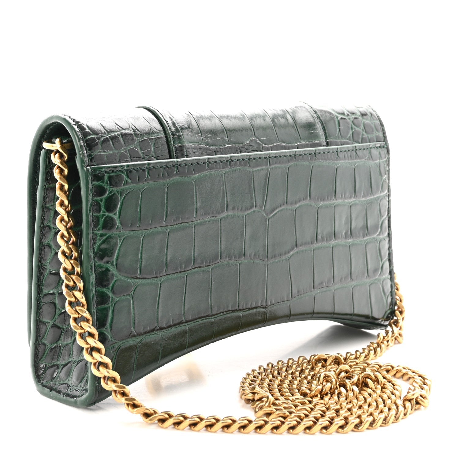 Shiny Calfskin Crocodile Embossed Hourglass Chain Bag Forest Green