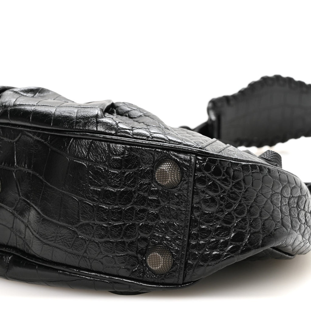 Extra Supple Calfskin Crocodile Embossed Monochrome Small Le Cagole Shoulder Bag Black