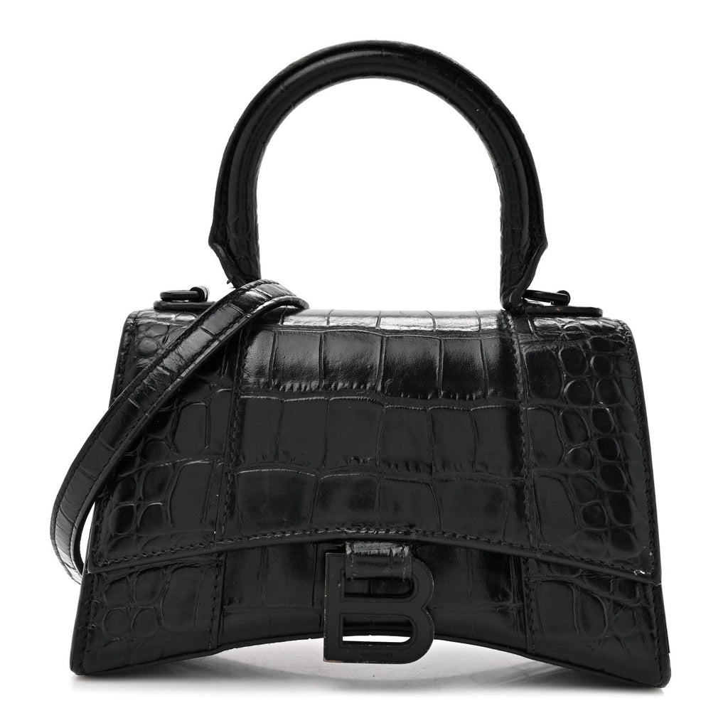 Shiny Calfskin Monochrome Crocodile Embossed Hourglass Top Handle Bag XS Black