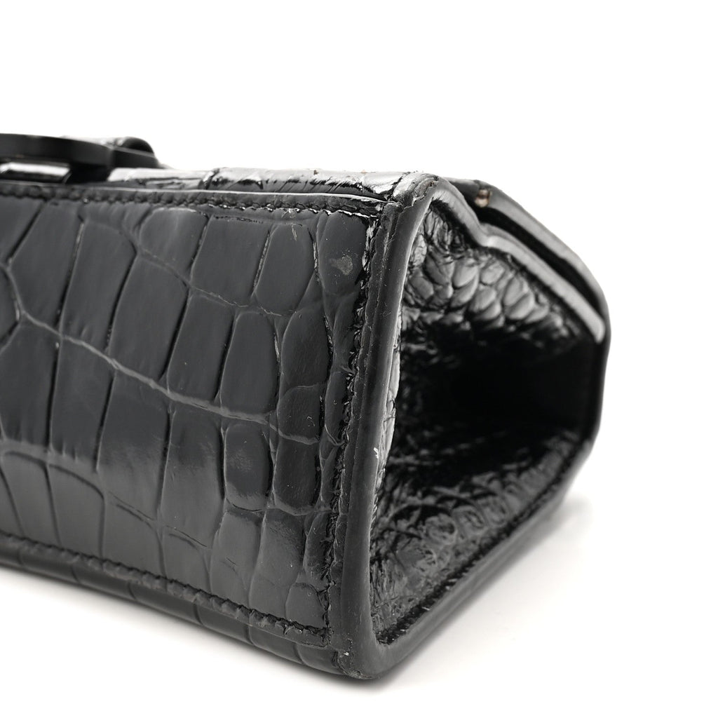 Shiny Calfskin Monochrome Crocodile Embossed Hourglass Top Handle Bag XS Black