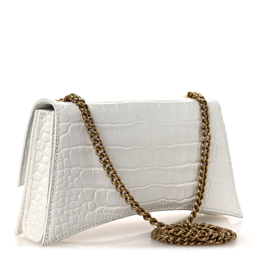Calfskin Crocodile Embossed Small Crush Chain Bag White