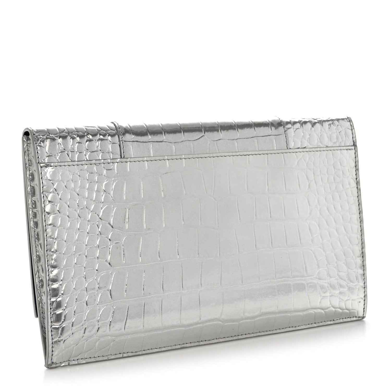 Metallic Calfskin Crocodile Embossed Hourglass Flap Flat Pouch Silver