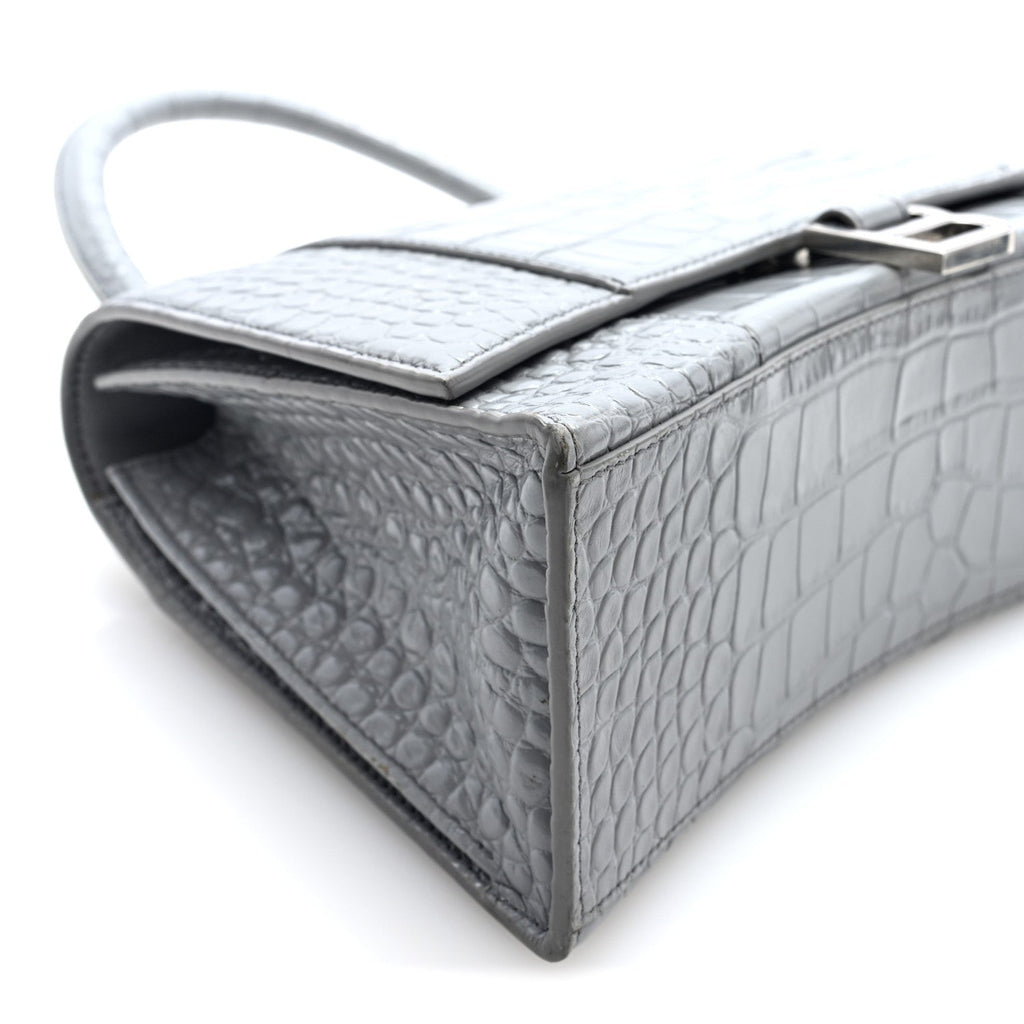 Shiny Calfskin Crocodile Embossed Medium Hourglass Top Handle Bag Balenciaga Grey