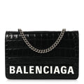 Shiny Calfskin Logo Crocodile Embossed Ville Wallet on Chain Black