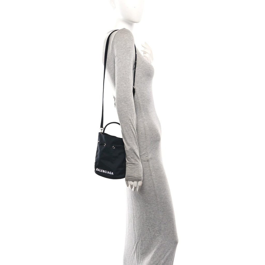 Recycled Sport Nylon Logo Embroidered Wheel Drawstring Bucket Bag Black White