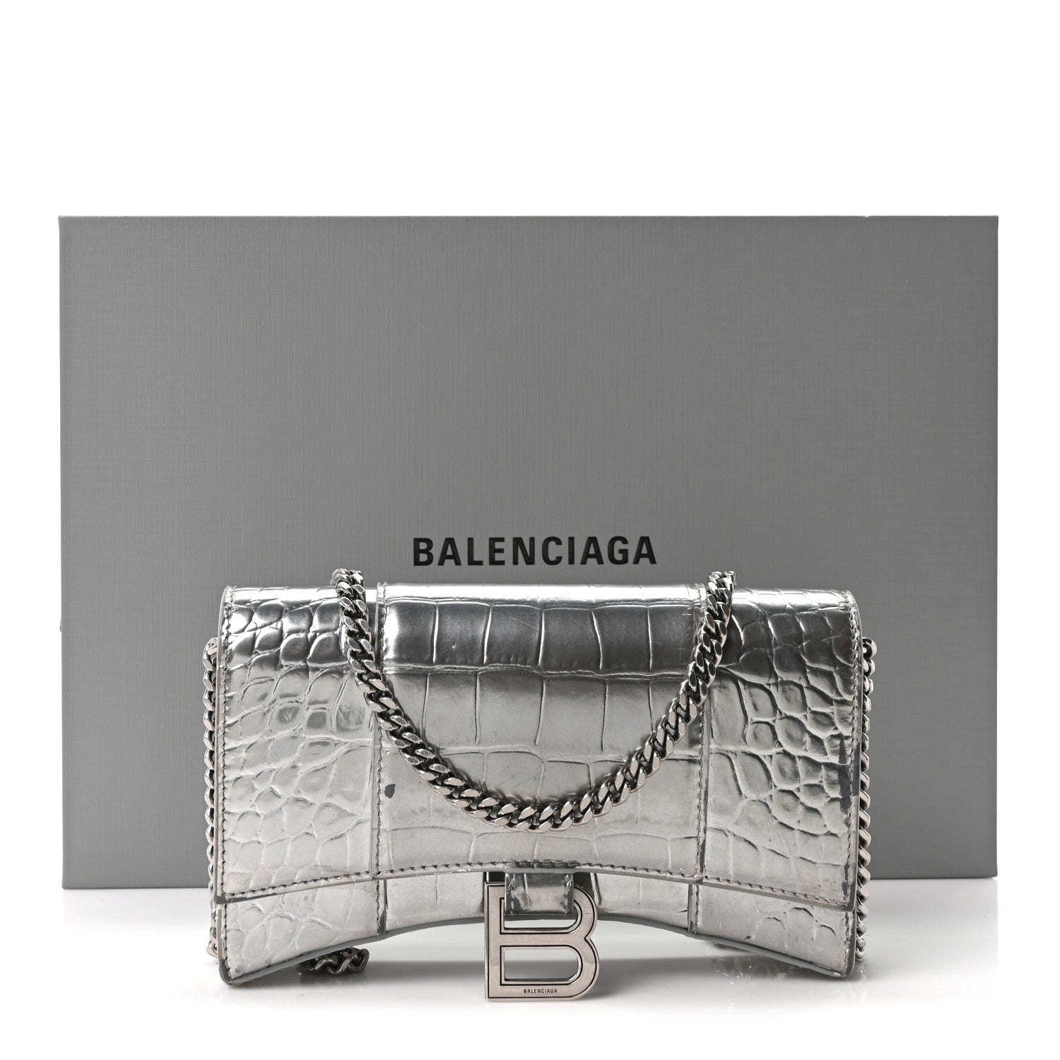 Metallic Calfskin Crocodile Embossed Hourglass Chain Bag Silver