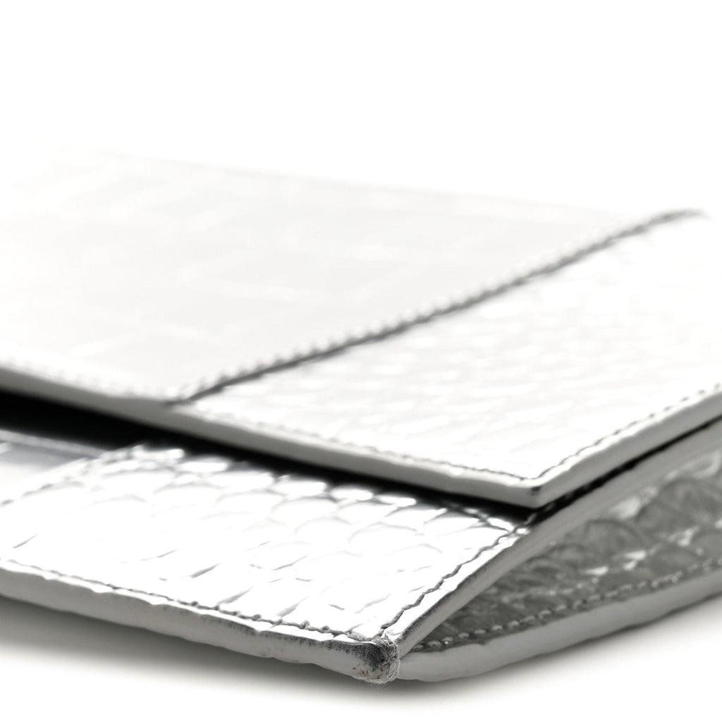 Metallic Calfskin Crocodile Embossed Hourglass Flap Flat Pouch Silver