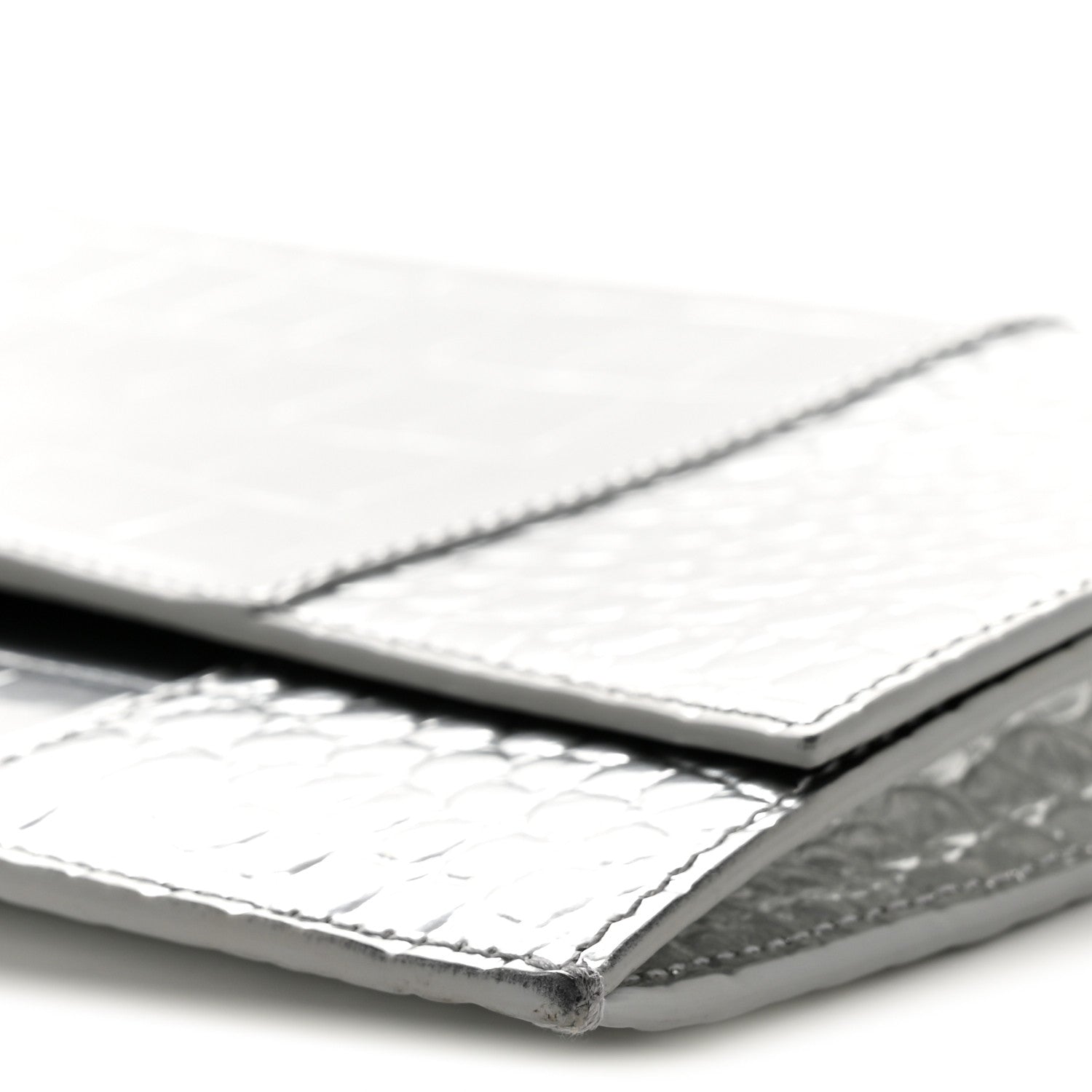 Metallic Calfskin Crocodile Embossed Hourglass Flap Flat Pouch Silver