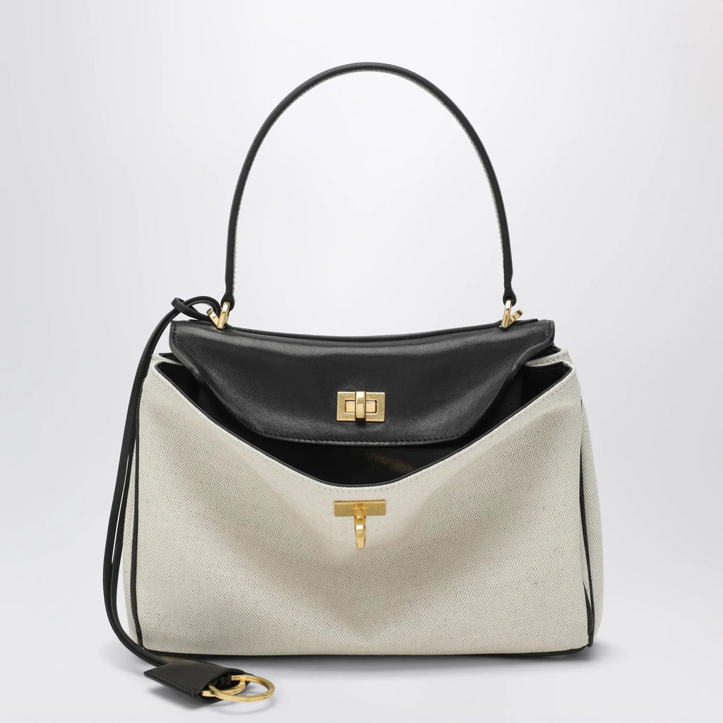 Balenciaga - Small Rodeo handbag in linen and lambskin, natural/black
