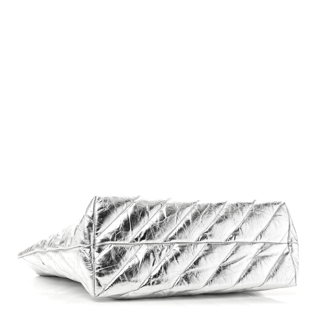 Metallic Crushed Calfskin Quilted Medium Crush Carry All Tote Bag Silver