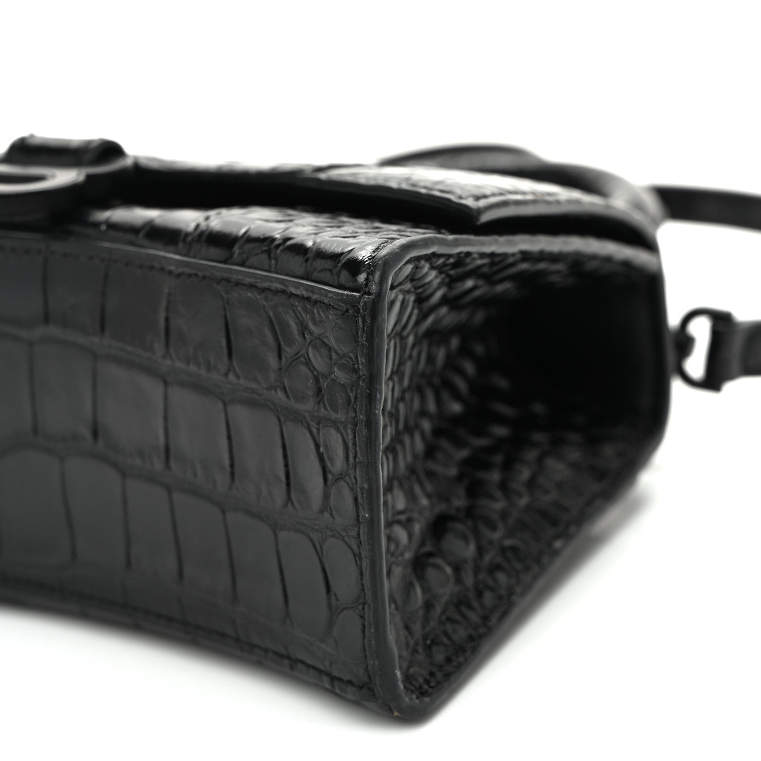 Shiny Calfskin Monochrome Crocodile Embossed Hourglass Top Handle Bag XS Black
