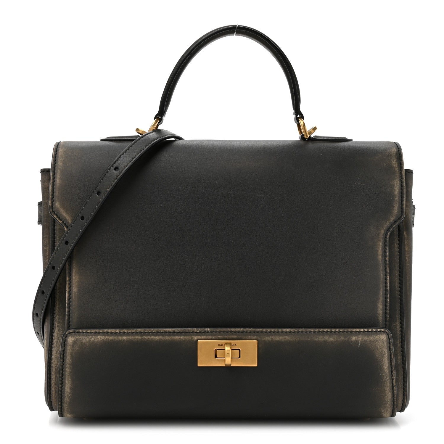 Used Calfskin Money Top Handle Handbag Black