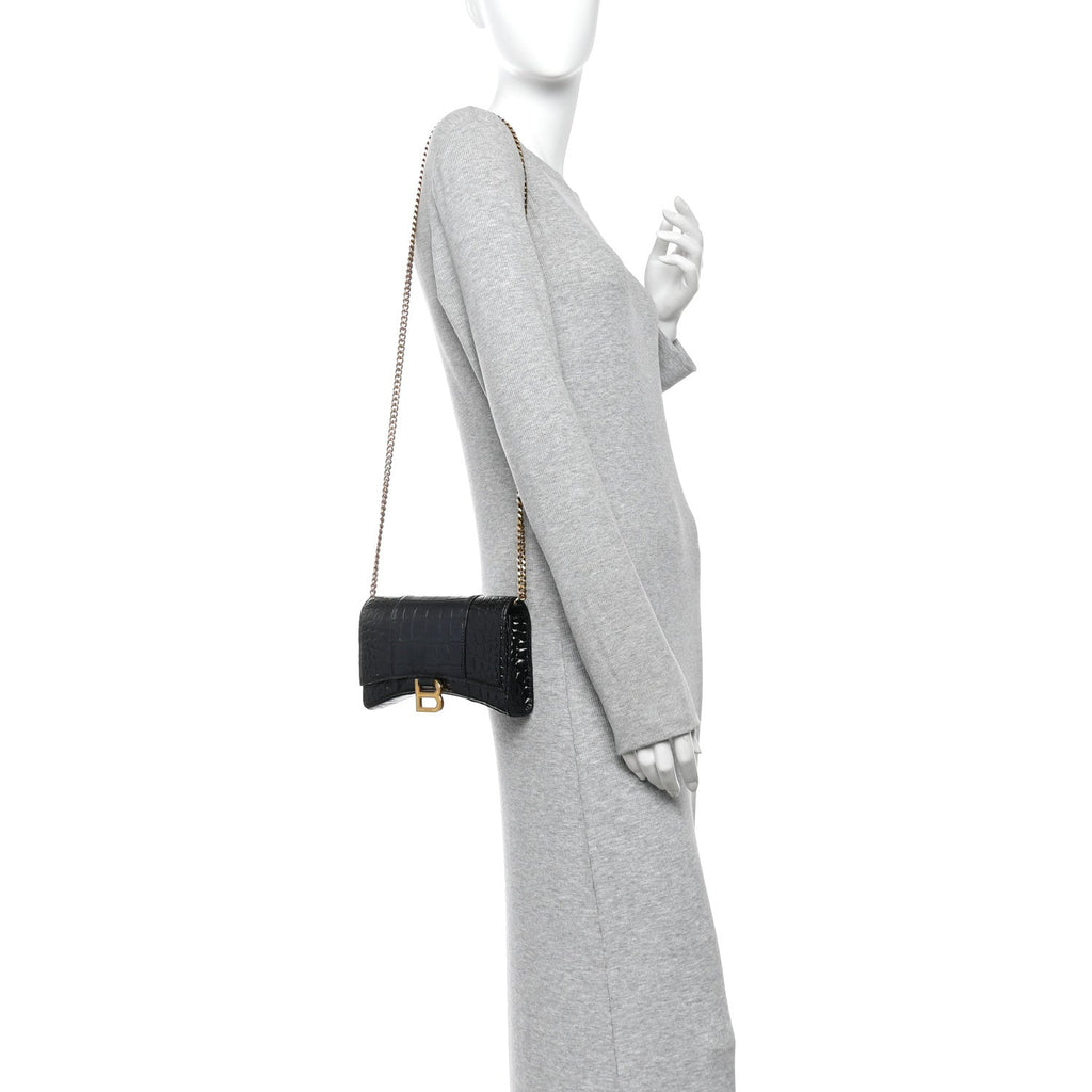 Shiny Calfskin Crocodile Embossed Hourglass Chain Bag Black