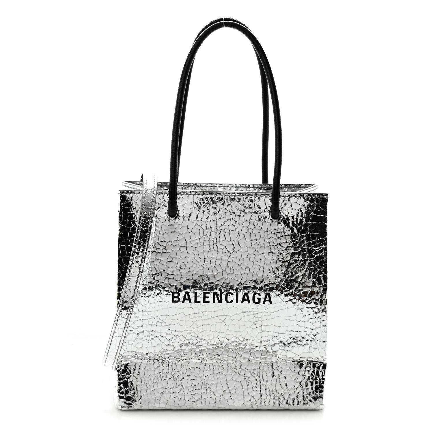 Crackled Mirror Calfskin Logo North South Shopper Tote XXS Silver