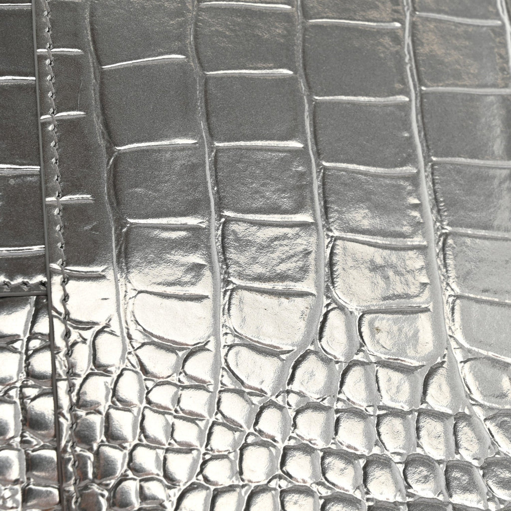 Metallic Calfskin Crocodile Embossed Hourglass Flap Flat Pouch Silver
