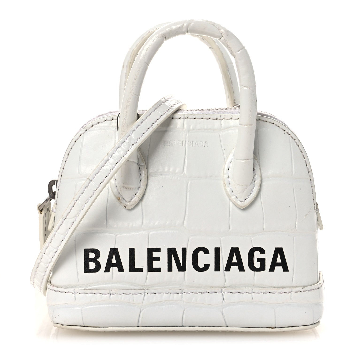 Calfskin Logo Crocodile Embossed Mini Ville Top Handle Bag White Black