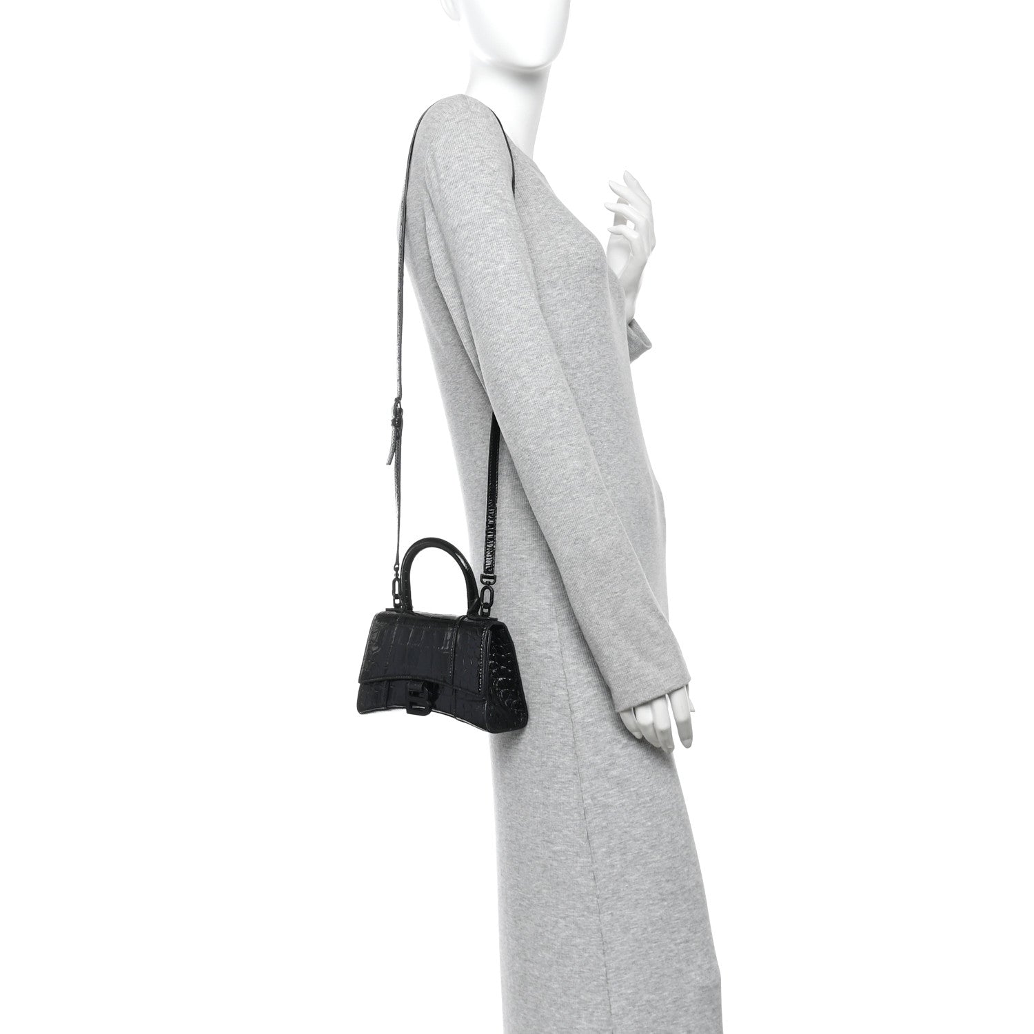 Shiny Calfskin Monochrome Crocodile Embossed Hourglass Top Handle Bag XS Black