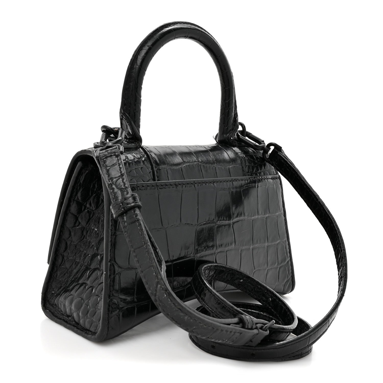 Shiny Calfskin Monochrome Crocodile Embossed Hourglass Top Handle Bag XS Black