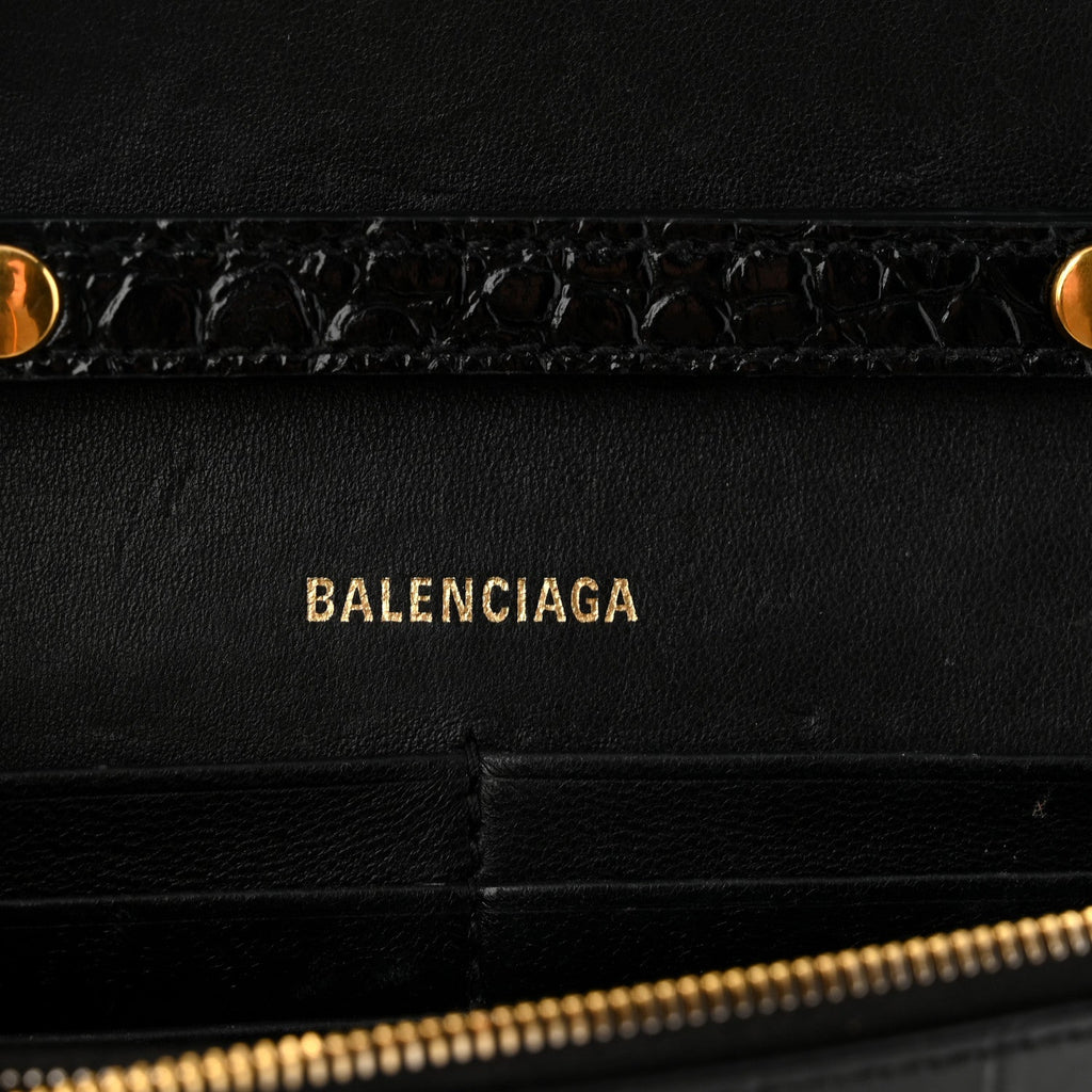 Shiny Calfskin Crocodile Embossed Hourglass Chain Bag Black