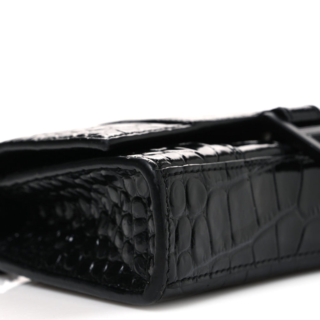 Shiny Calfskin Monochrome Crocodile Embossed Hourglass Chain Bag Black