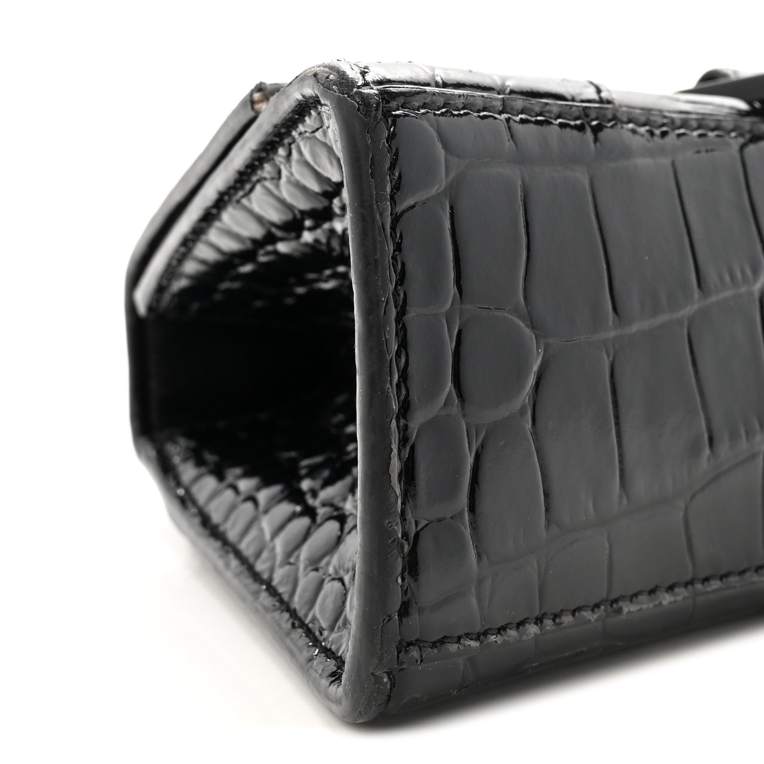 Shiny Calfskin Monochrome Crocodile Embossed Hourglass Top Handle Bag XS Black