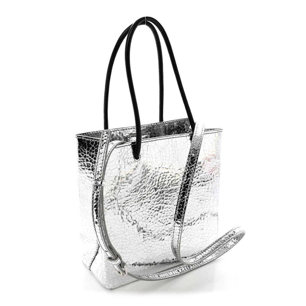 Crackled Mirror Calfskin Logo North South Shopper Tote XXS Silver