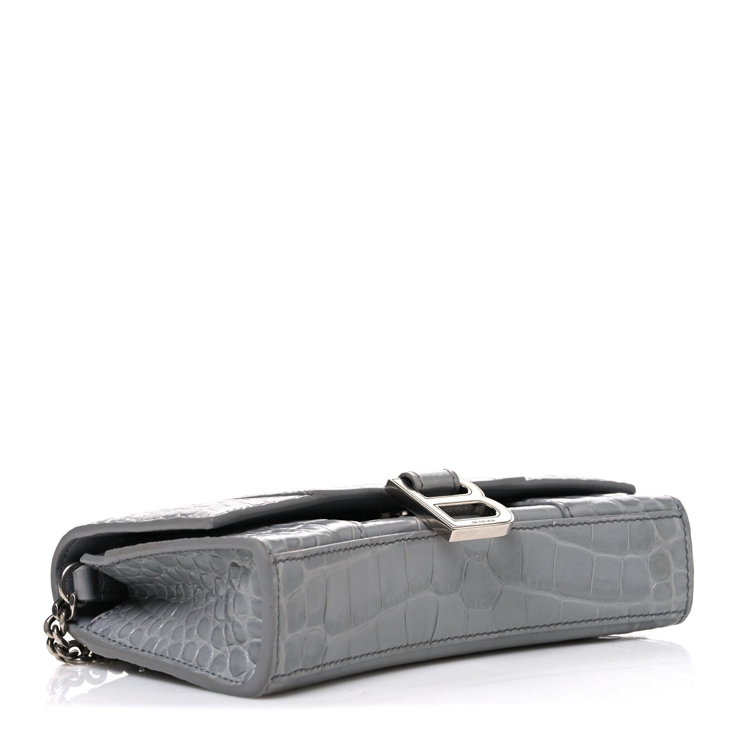 Shiny Calfskin Crocodile Embossed Hourglass Chain Bag Balenciaga Steel Grey