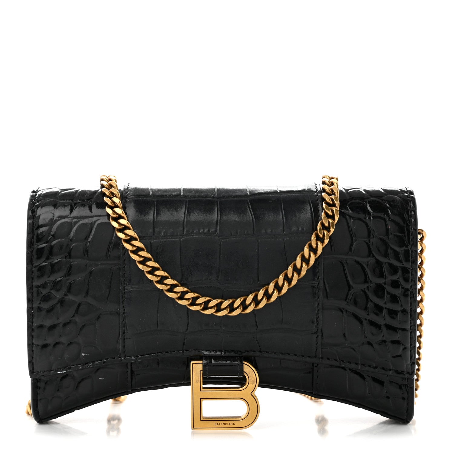 Shiny Calfskin Crocodile Embossed Hourglass Chain Bag Black