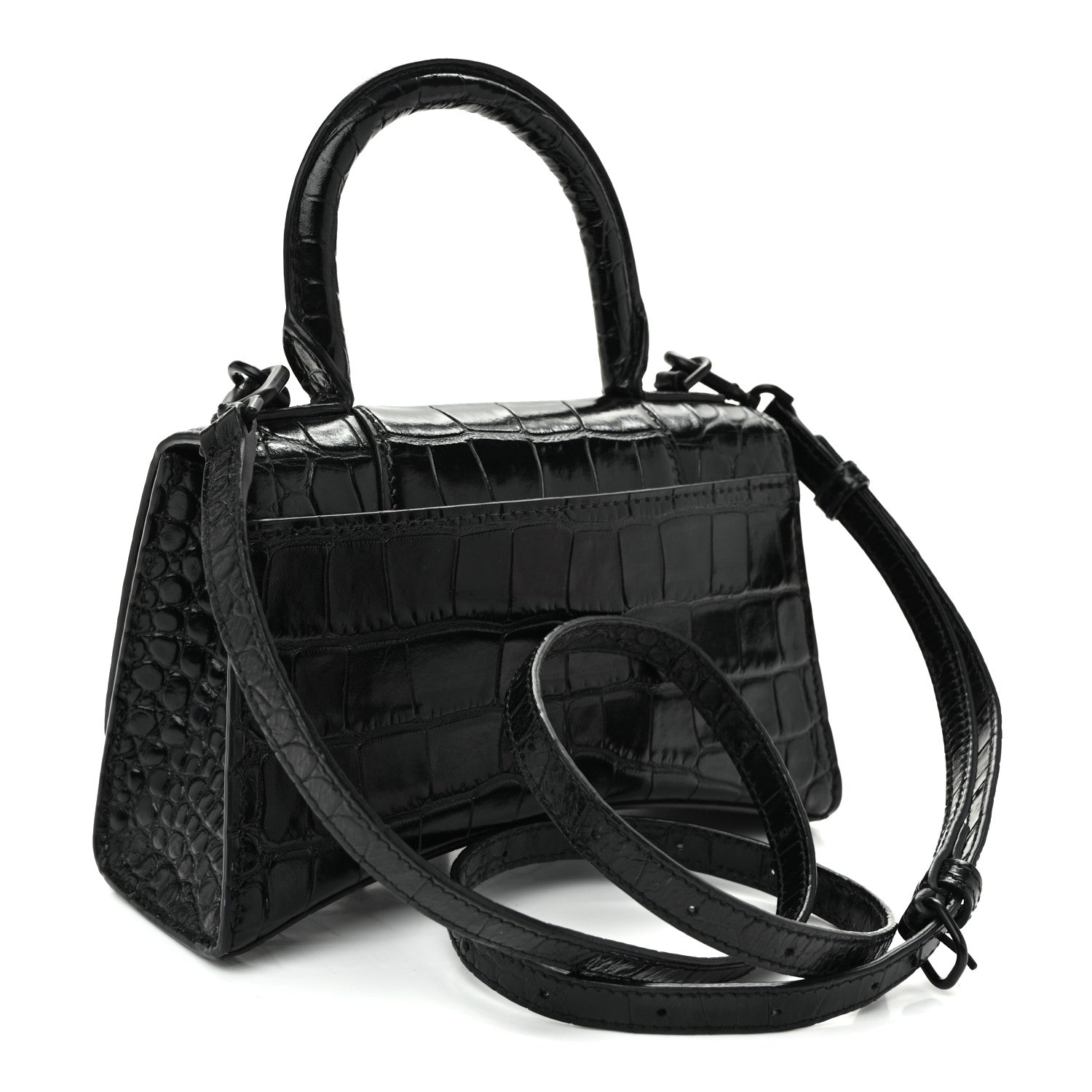 Shiny Calfskin Monochrome Crocodile Embossed Hourglass Top Handle Bag XS Black