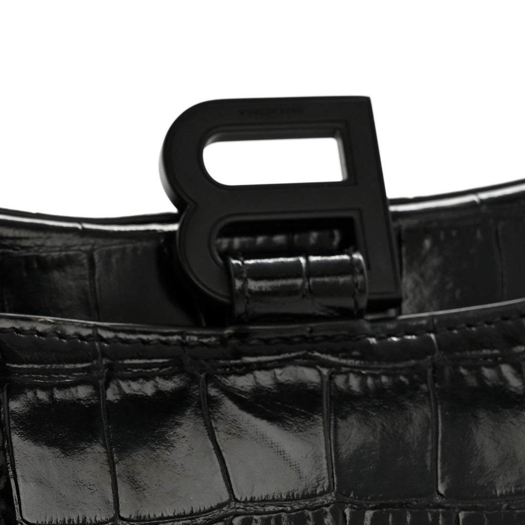 Shiny Calfskin Monochrome Crocodile Embossed Hourglass Chain Bag Black