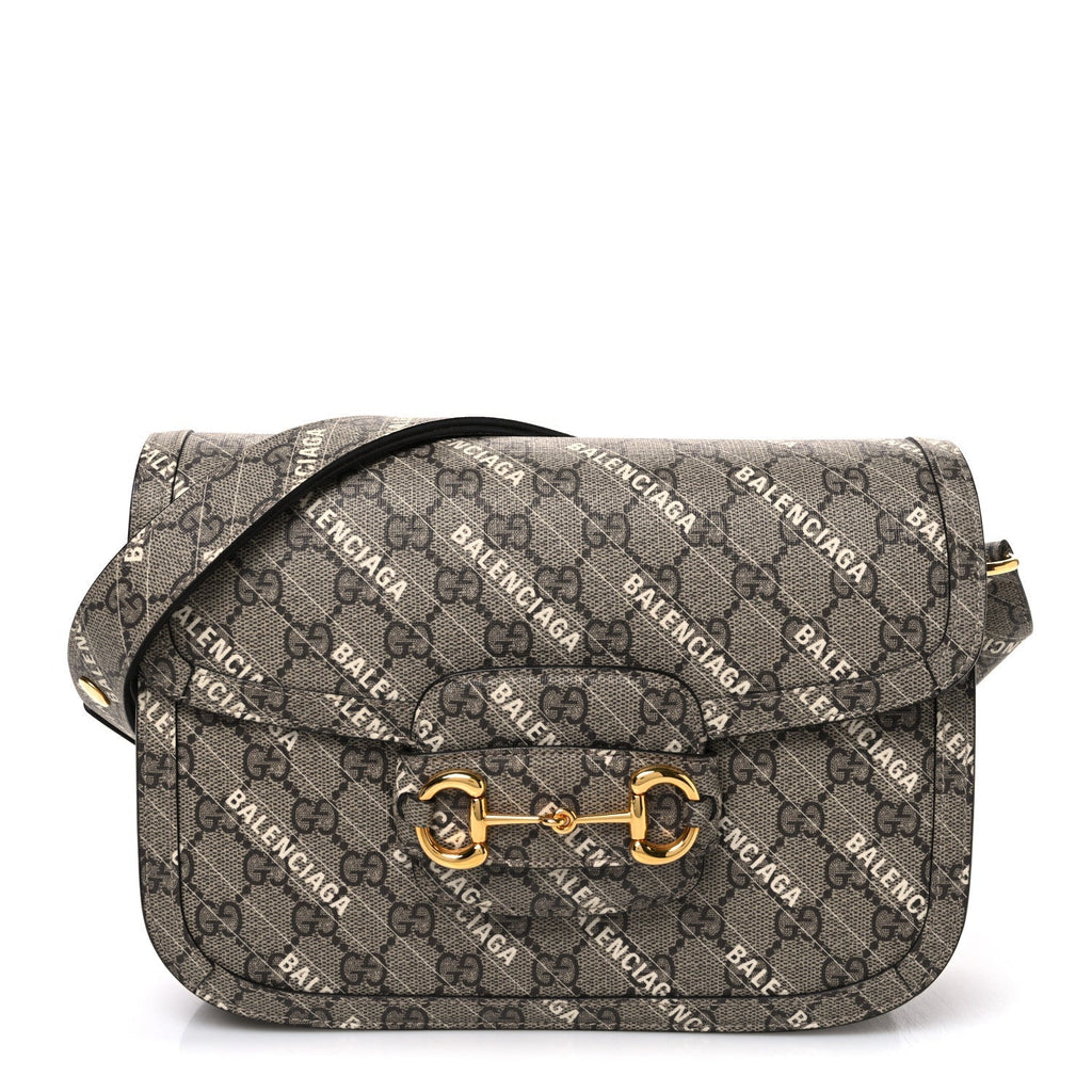 X BALENCIAGA GG Supreme Monogram Logo Print Horsebit 1955 Shoulder Bag Beige Ebony