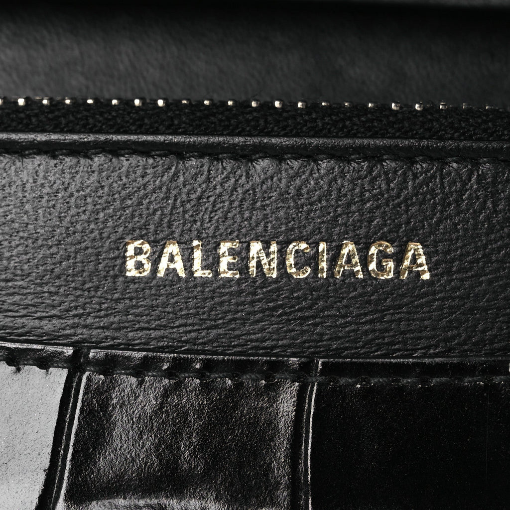 Shiny Calfskin Logo Crocodile Embossed Ville Wallet on Chain Black