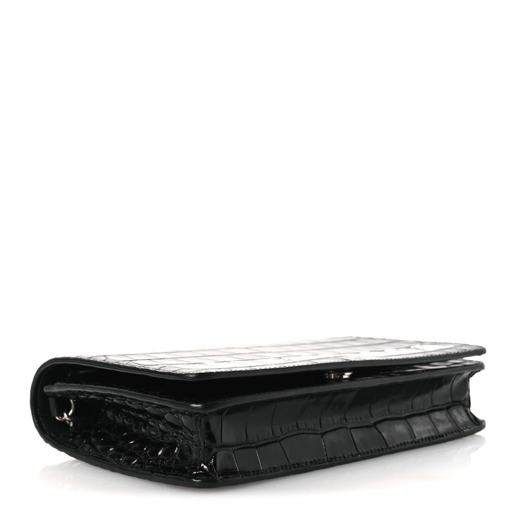 Shiny Calfskin Logo Crocodile Embossed Ville Wallet on Chain Black