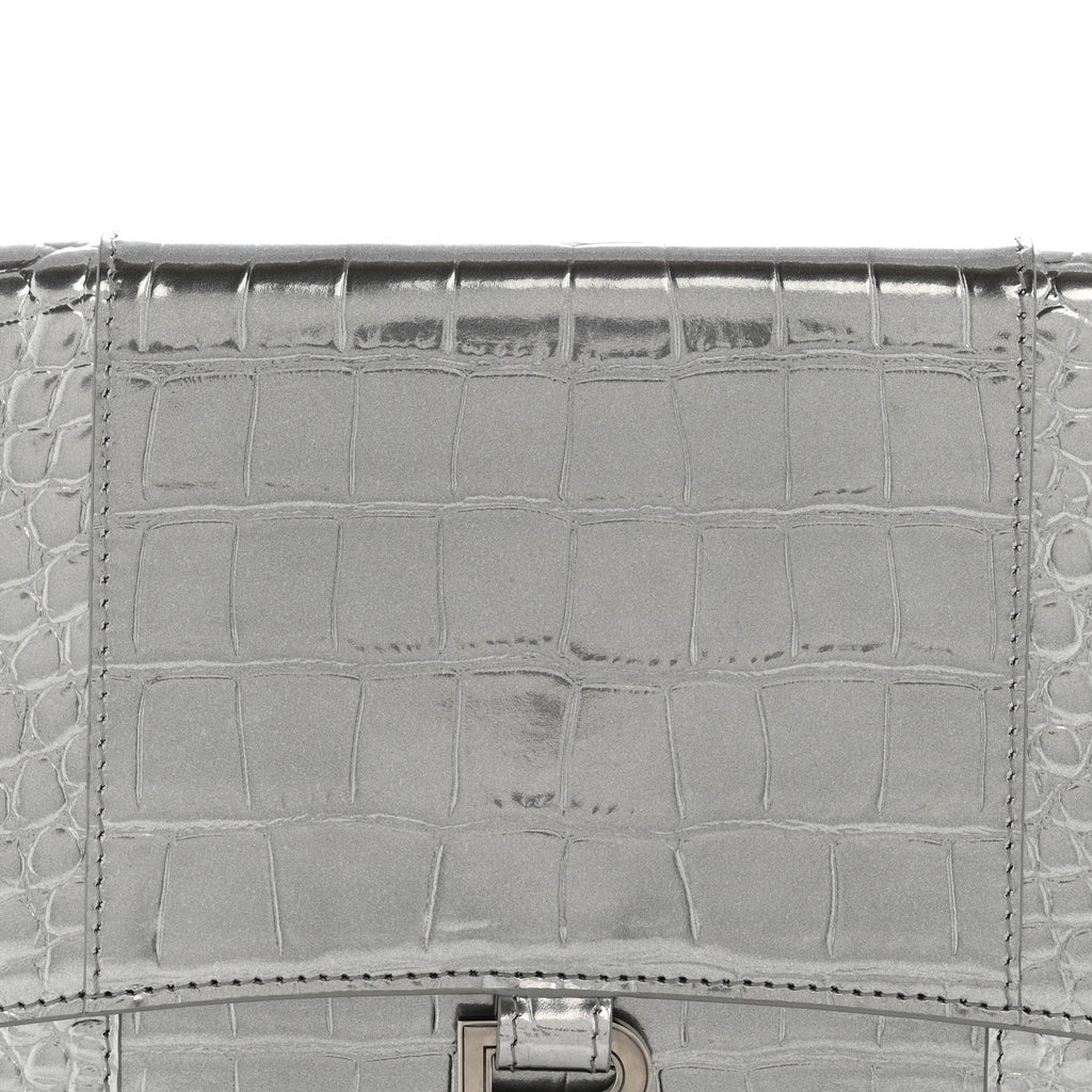 Metallic Calfskin Crocodile Embossed Hourglass Flap Flat Pouch Silver