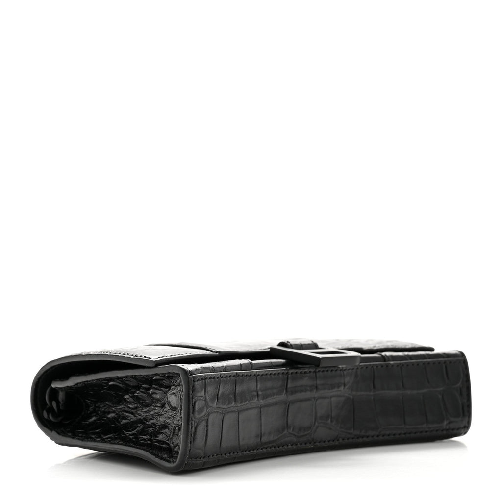 Shiny Calfskin Monochrome Crocodile Embossed Hourglass Chain Bag Black