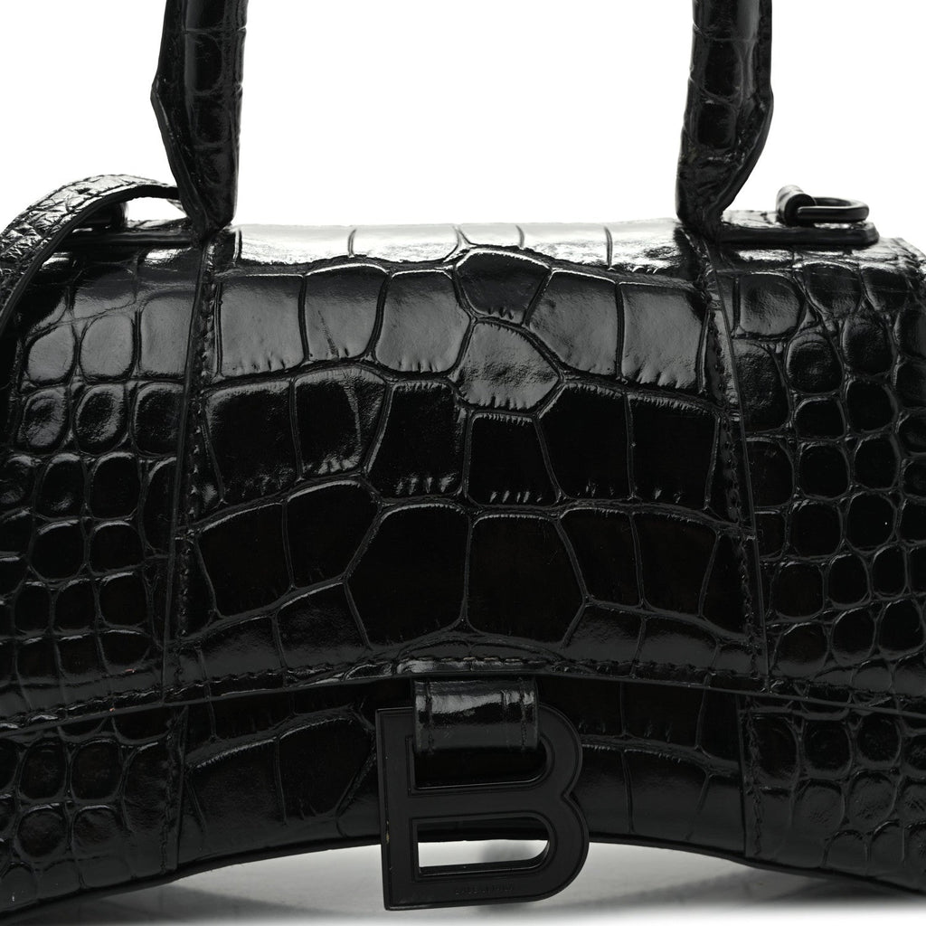Shiny Calfskin Monochrome Crocodile Embossed Hourglass Top Handle Bag XS Black