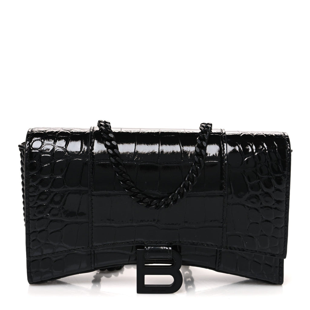 Shiny Calfskin Monochrome Crocodile Embossed Hourglass Chain Bag Black