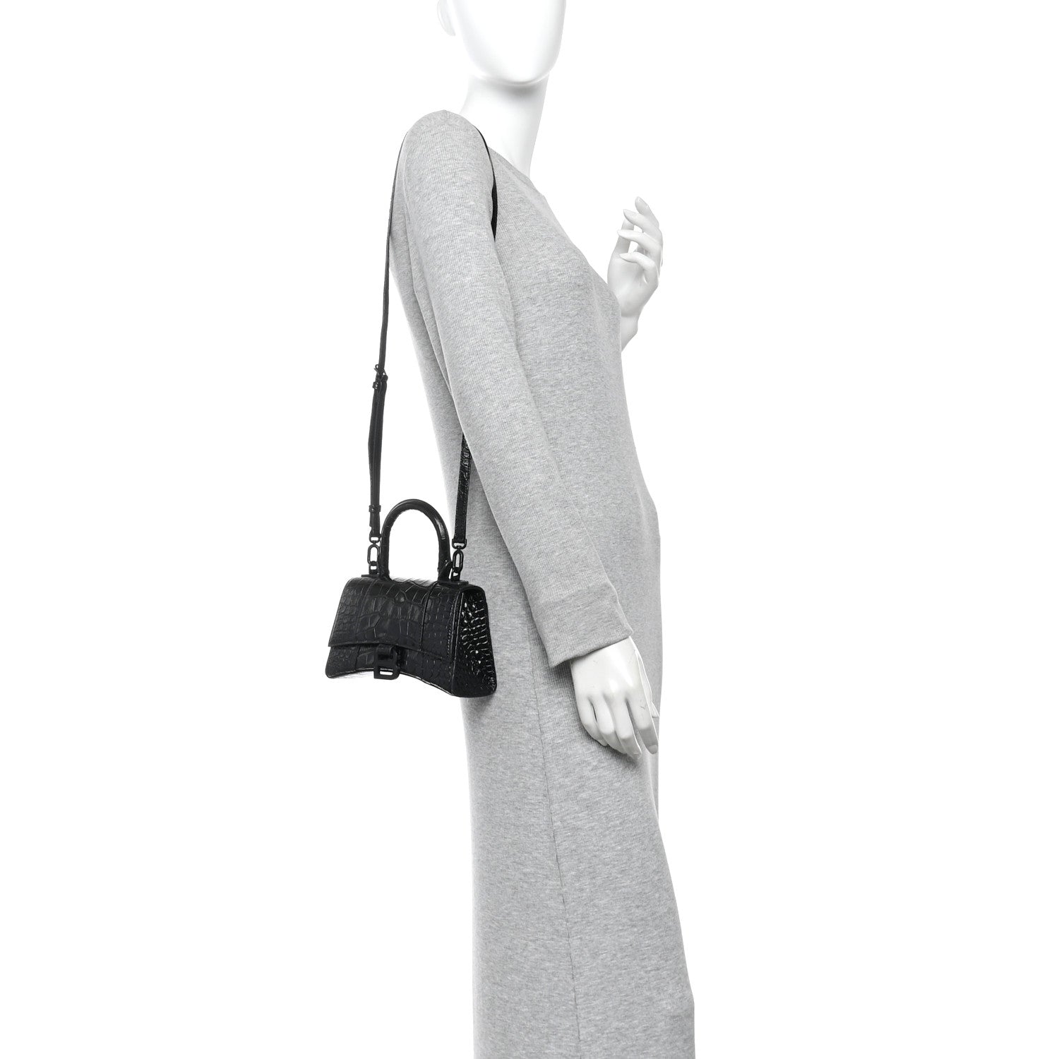 Shiny Calfskin Monochrome Crocodile Embossed Hourglass Top Handle Bag XS Black